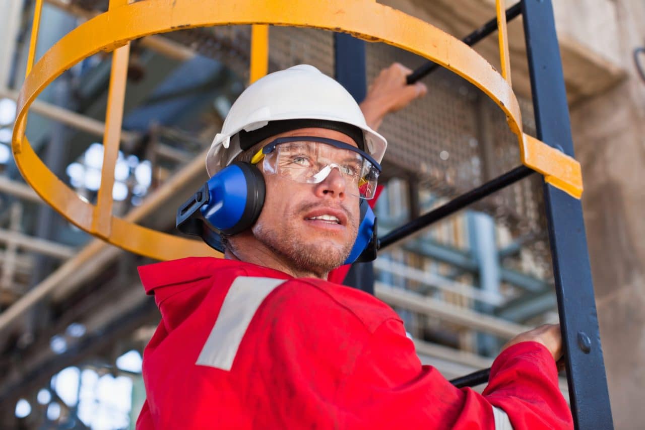 A man wearing hearing protection on the job.